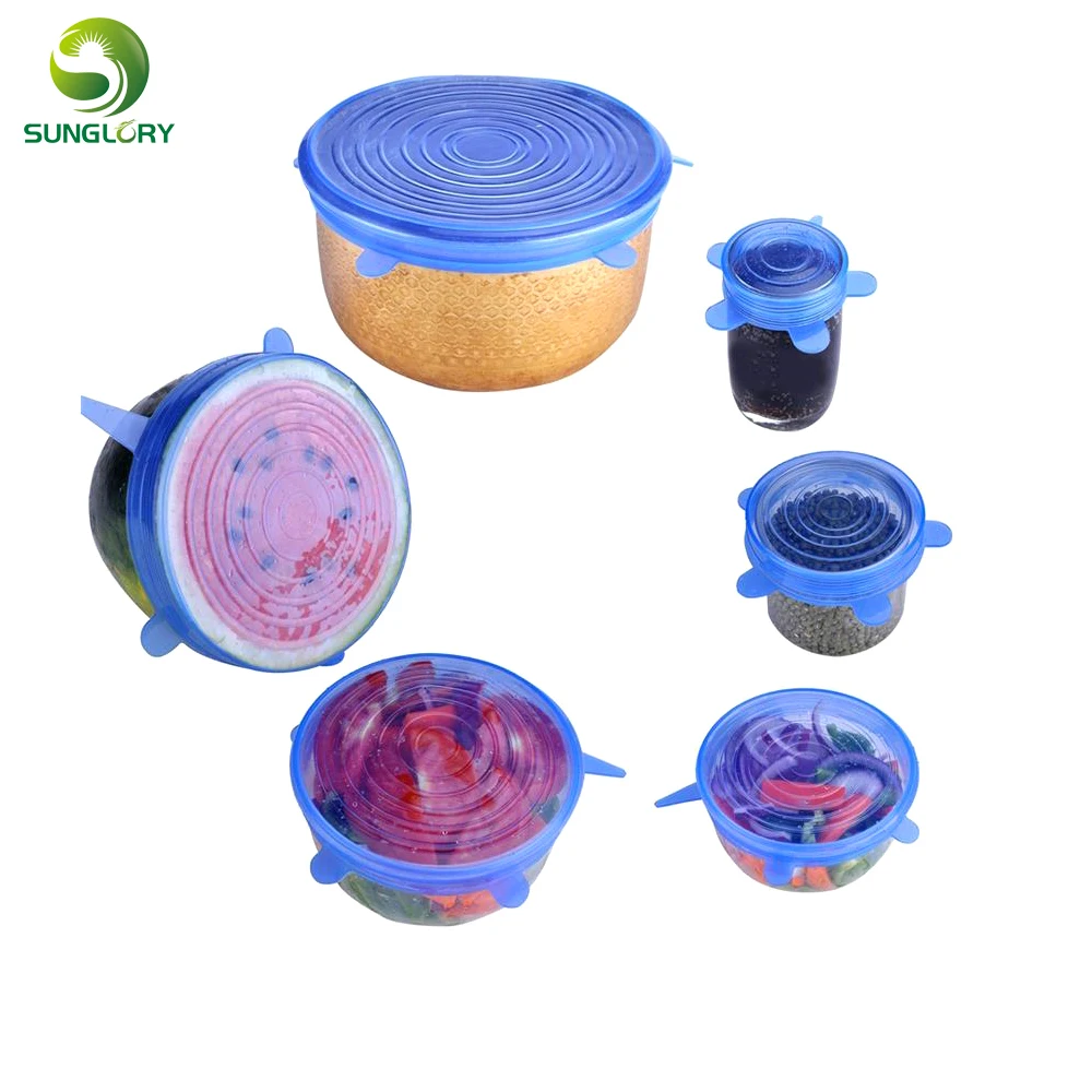 Sunglory 6PCS Reusable Silicone Stretch Air-tight Vacuum Lid Keep Fresh Leakproof Food Bowl Cover Lid Kitchen Silicone Food Wrap