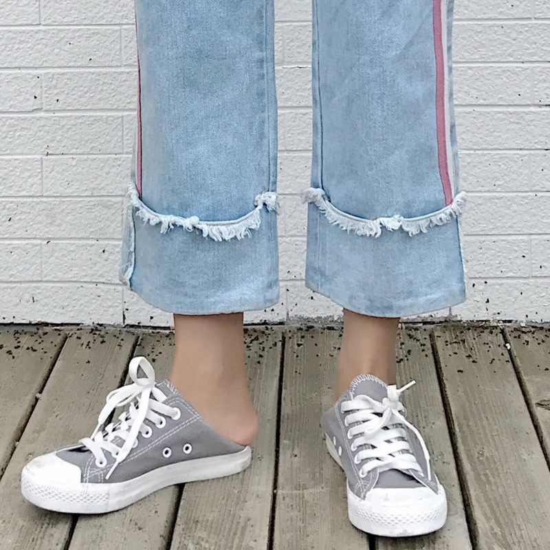 2018 Для женщин джинсы хлопковые полосатые прямые джинсы Harajuku свободный стиль бойфренд джинсовые Модные манжеты джинсы в гармошку # A026