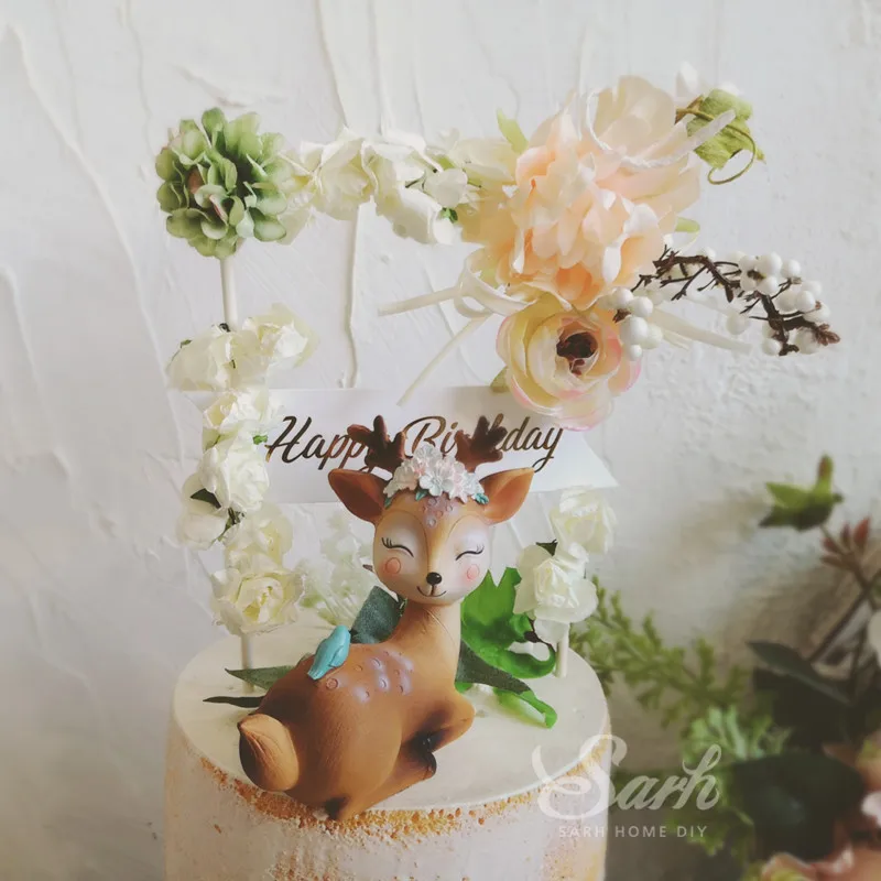 Романтические красивые украшения торта с изображением оленя Sika, цветов, украшения для дня рождения, украшения для выпечки, милые подарки