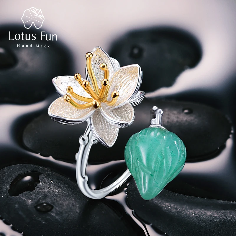

Lotus Fun Genuine 925 Sterling Silver Rings for Women Green Chalcedony Stone Flower Finger Ring Resizable Vintage Jewelry Gifts