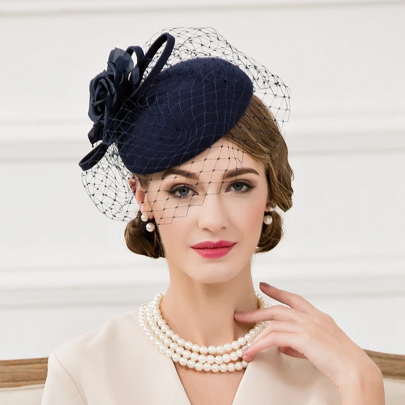 Fedora Hat for Women Fascinators Wool Vintage Ladies Blue Wedding Party Pillbox Hats