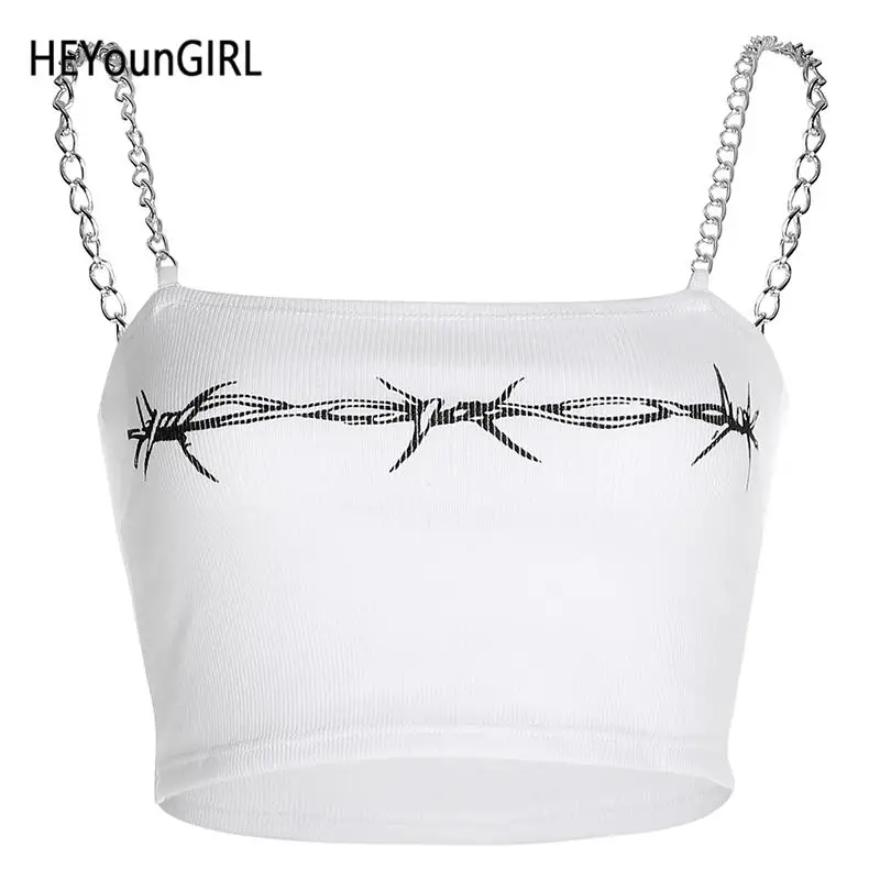 HEYounGIRL Patchwork Chain Sleeveless Cami Top Women Backless White Casual Cropped Top Thorns Printed Summer Strap Tops Tees - Color: White