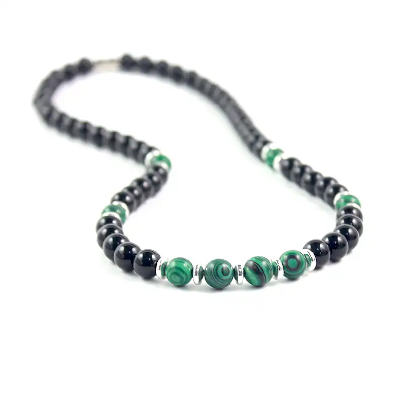 Decoration for the woman. Necklace is handmade Necklace with black white malachite round ball beads Rubber jewelry