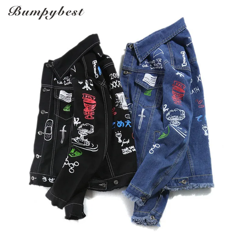 

Bumpybeast 2018 Autumn Mens hi-street hip-hop Denim Jacket Personality graffiti tassel black blue Jackets Man loose coat 2XL