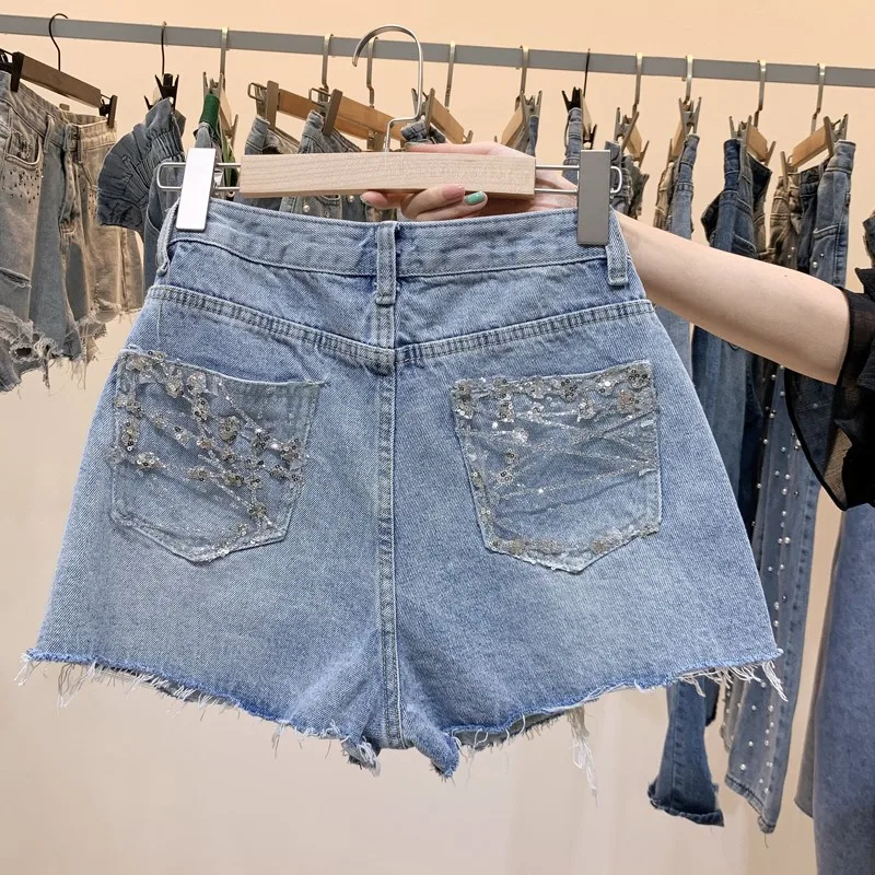 Новый бойфренд блесток джинсовые шорты в стиле пэчворк Женский Высокая талия рваные кисточкой короткие мотобрюки для женщин; большие