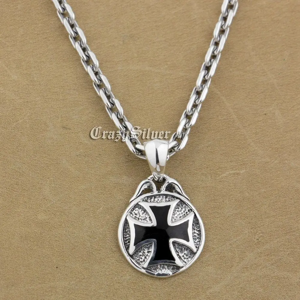 

925 Sterling Silver Round Cross Mens Biker Rocker Punk Pendant 9V103 Sterling Silver Necklace 24