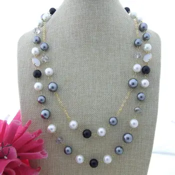 

N121806 24'' 2Strands Sea Shell Pearl Crystal Onyx Necklace