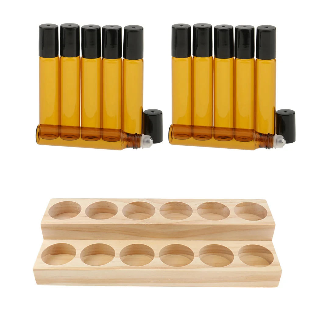 Wooden Essential Oils Display Organizer Stand with 12x Refillable Glass Bottles for Salon Retail Stores