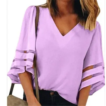 

Womens gauze stitching off shoulder shirt Tops Blouses Streetwear Flare Sleeve Cold Shoulder Blouse Tunic Ladies 2019 Summer Top
