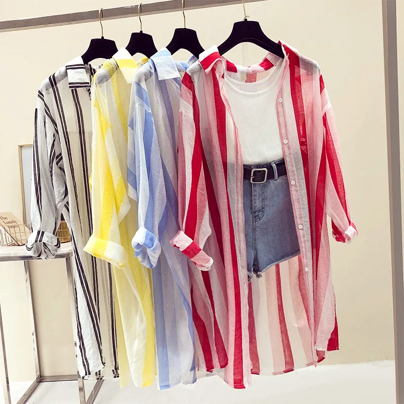 

Chic Summer Sunscreen Shirt Breathable Cardigan.Striped Hit color Basic Jacket Perspective Chiffon Casual Long Coat blusas 2019