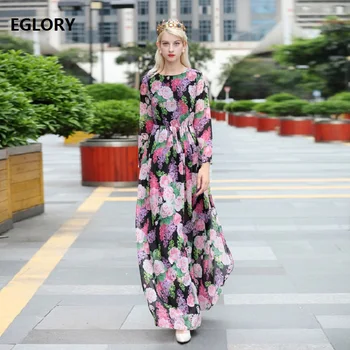 

Floor-Length Dress 2018 Autumn Fashion Women O-Neck Charming Flower Print Long Sleeve Maxi Dress Ladies Tunic Chiffon Long Dress
