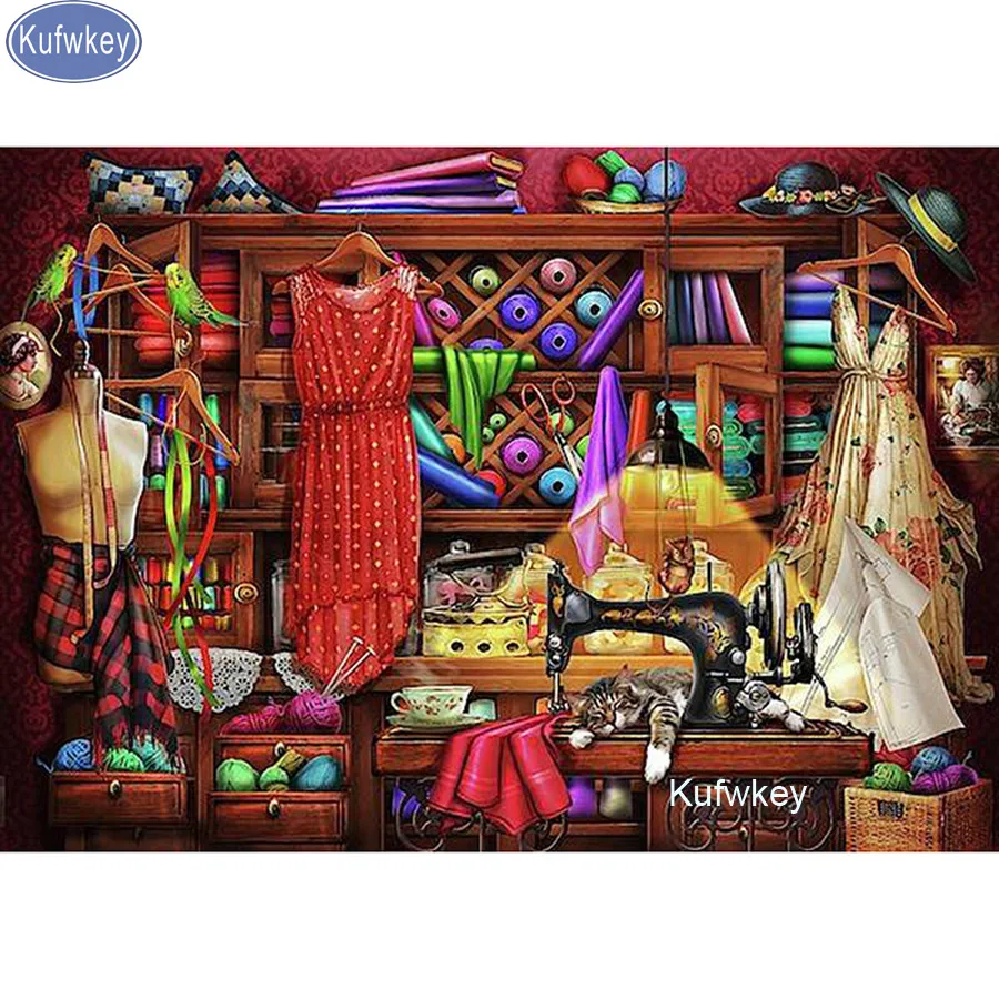 

3D DIY Diamond Painting Scissors Sewing shop Cross Stitch 5D Diamond Embroidery square rhinestones Mosaic Needlework Decoration