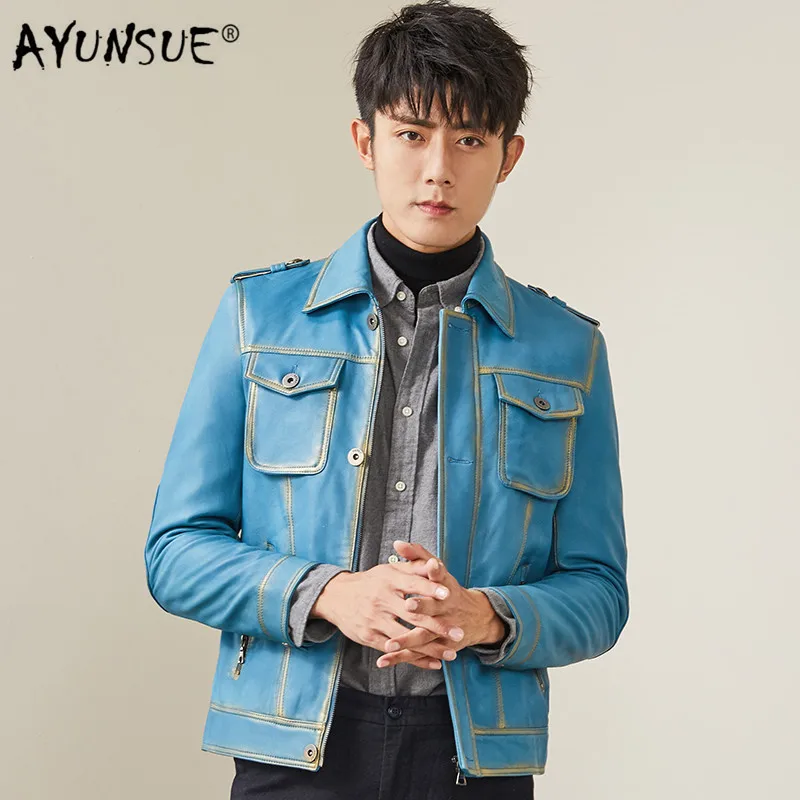 AYUNSUE Leather Jacket Sheepskin Genuine Leather Coats Men Korean Short Spring Autumn Leather Jackets MG-1840016 YY283