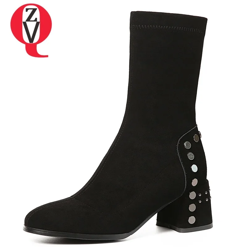 

ZVQ 2018 winter newest fashion metal rivet flock women shoes high hoof heels round toe zipper black mid calf boots size 33-40
