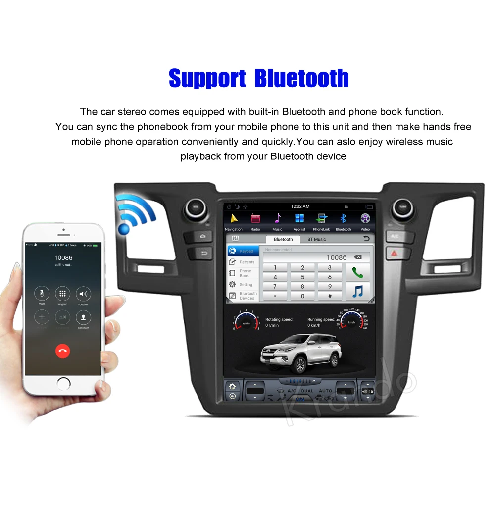 Krando Vertical screen android car radio multimedia For For )Toyota fortuner Revo 2012-2015 Big screen navigation with gps system