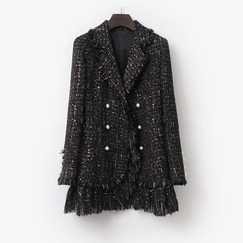 Black Tweed Jacket Double row pearl buckle Long 2018 Fall/Winter Ladies Coat Sparkle Sequin 