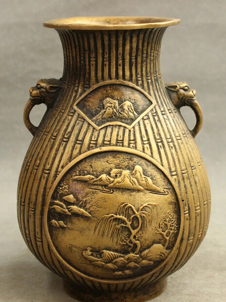 

JP S0606 8" Folk Chinese Bronze Dynasty Palace Lion Head Statue Pine Tree Bamboo Pot Vase
