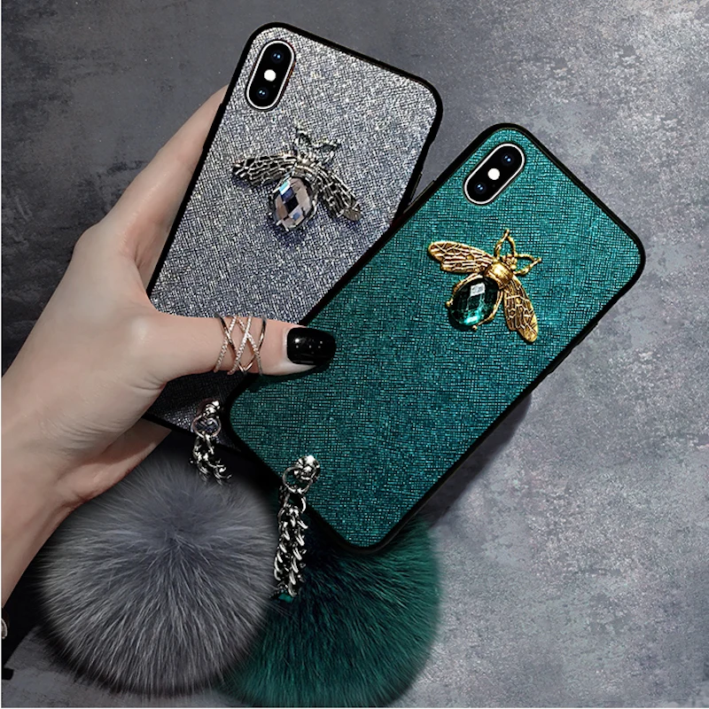 

Luxury fox furry pompom phone case for iphone 8plus 7 8 plus 6 6s plus diamond bee cover for iphone X XS MAX XR bracelet shell