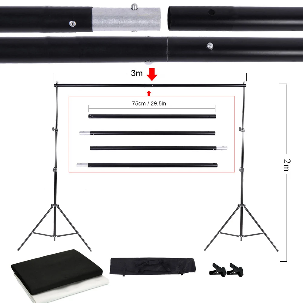 Photo Studio Background Backdrop Stand with Storage Bag Black White Nonwoven Backdrops Backgrounds With Mini Clips