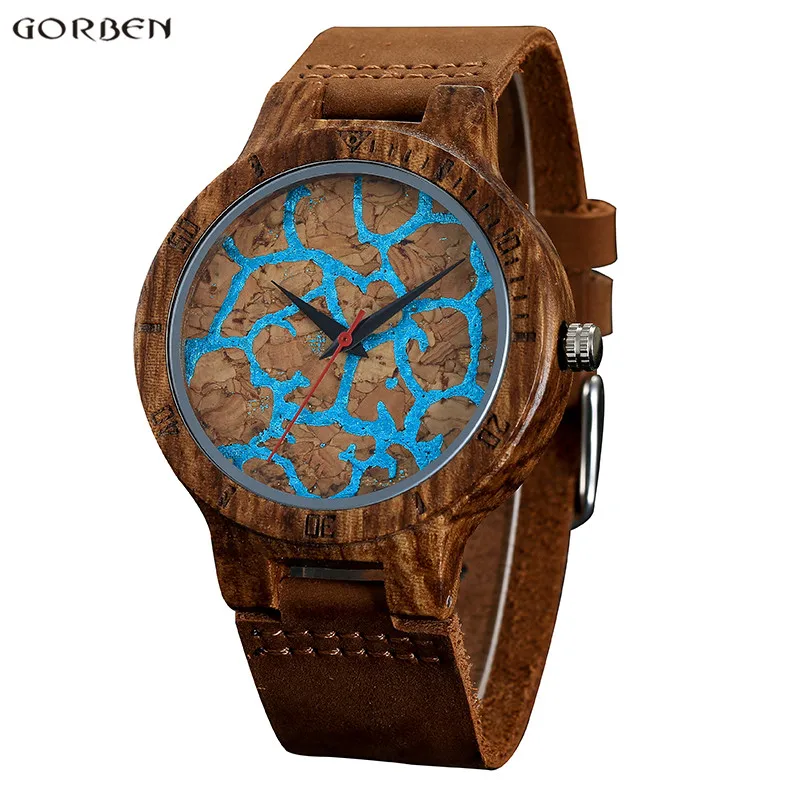 

Gorben 056 Unique Men Wood Watch for Male New Fashion Blue Crack Design Genuine Leather Bamboo Wood Men Analog Quartz Wristwatch