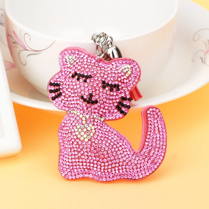 

Crystal Rhinestone Cat Keychain Leather Tassel Pendant Souvenir Gifts Couple Key Chain Key Ring Hang Bag Charms Pendant TZ20