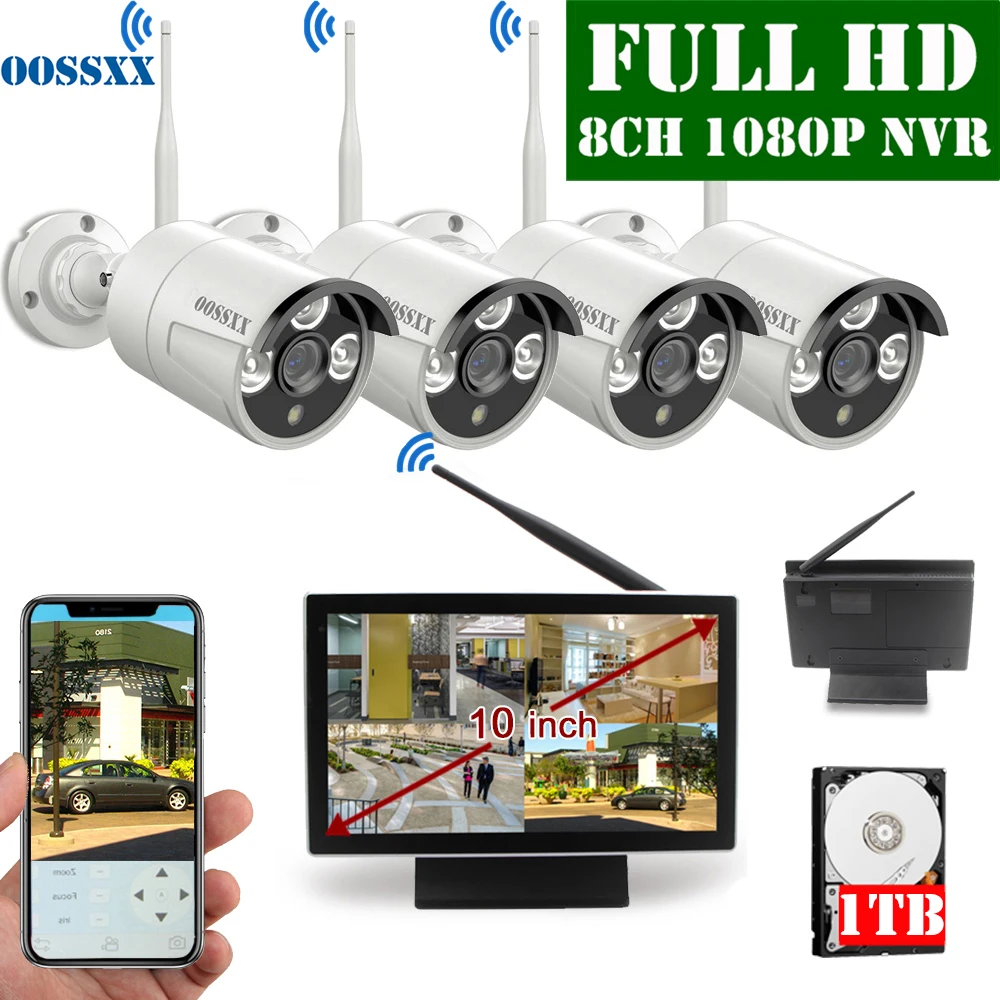 OOSSXX 8CH 1080P Беспроводной NVR комплект 10' монитор беспроводной CCTV 4 шт 1080P Крытый Открытый IP камера система видеонаблюдения