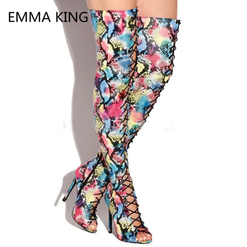 

Snake Prints Women Summer Over The Knee Boots Peep Toe High Heels Hollow Ladies Shoes Woman Thigh High Gladiator Sandals Boots