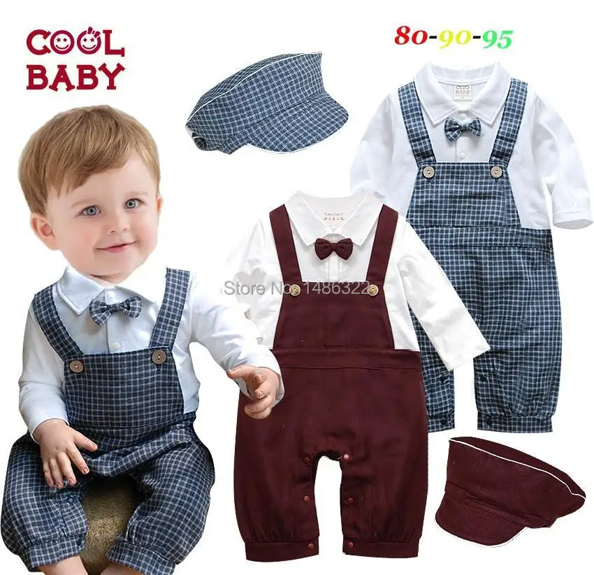 Baby Boys Long Sleeve Crimson&Plaid Tie Rompers+Hat 2Pcs Set Infant