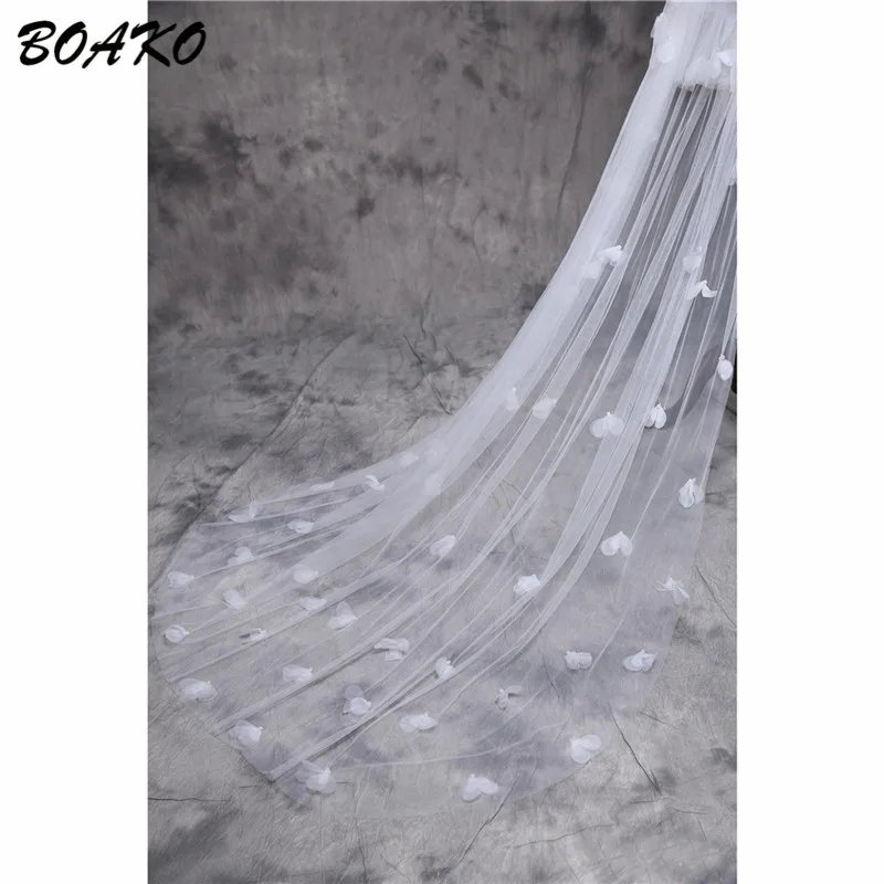 BOAKO 3 Meters Three Layer Tulle Long Wedding Veil White 3M Cut Edge Bridal Veil with Embroidered Flower Petals Velos De Novia