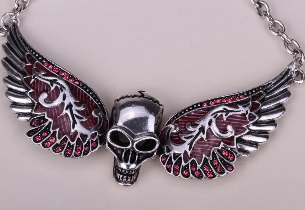 Wings skull necklace women biker jewelry W/ crystal adjustable antique