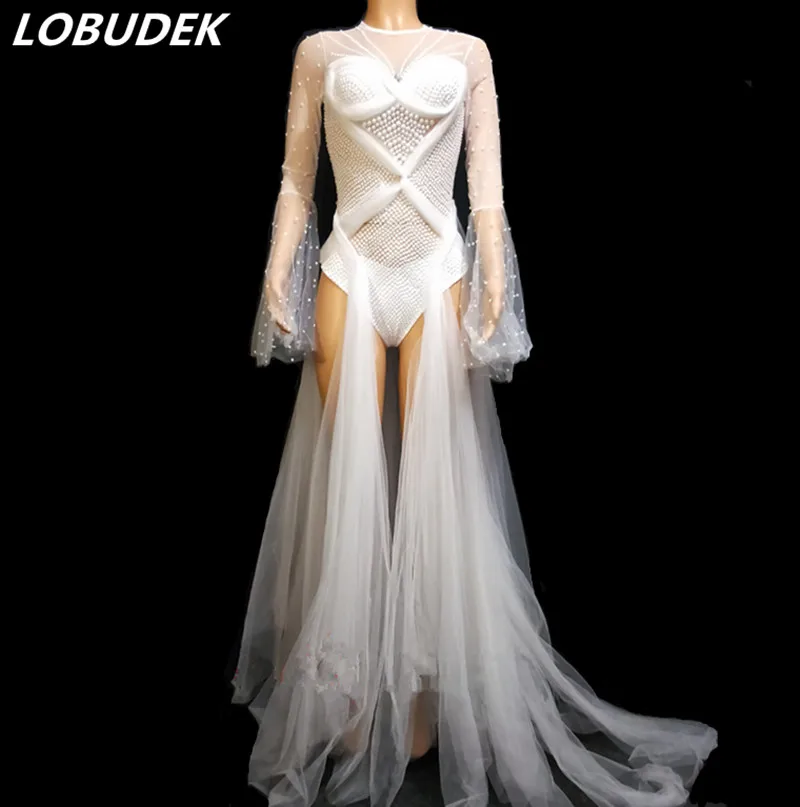 

White Pearls Rhinestones Sexy Perspective Mesh Trailing Bodysuit Party Stage Models Catwalk Female Singer Club Bar Stage Costume