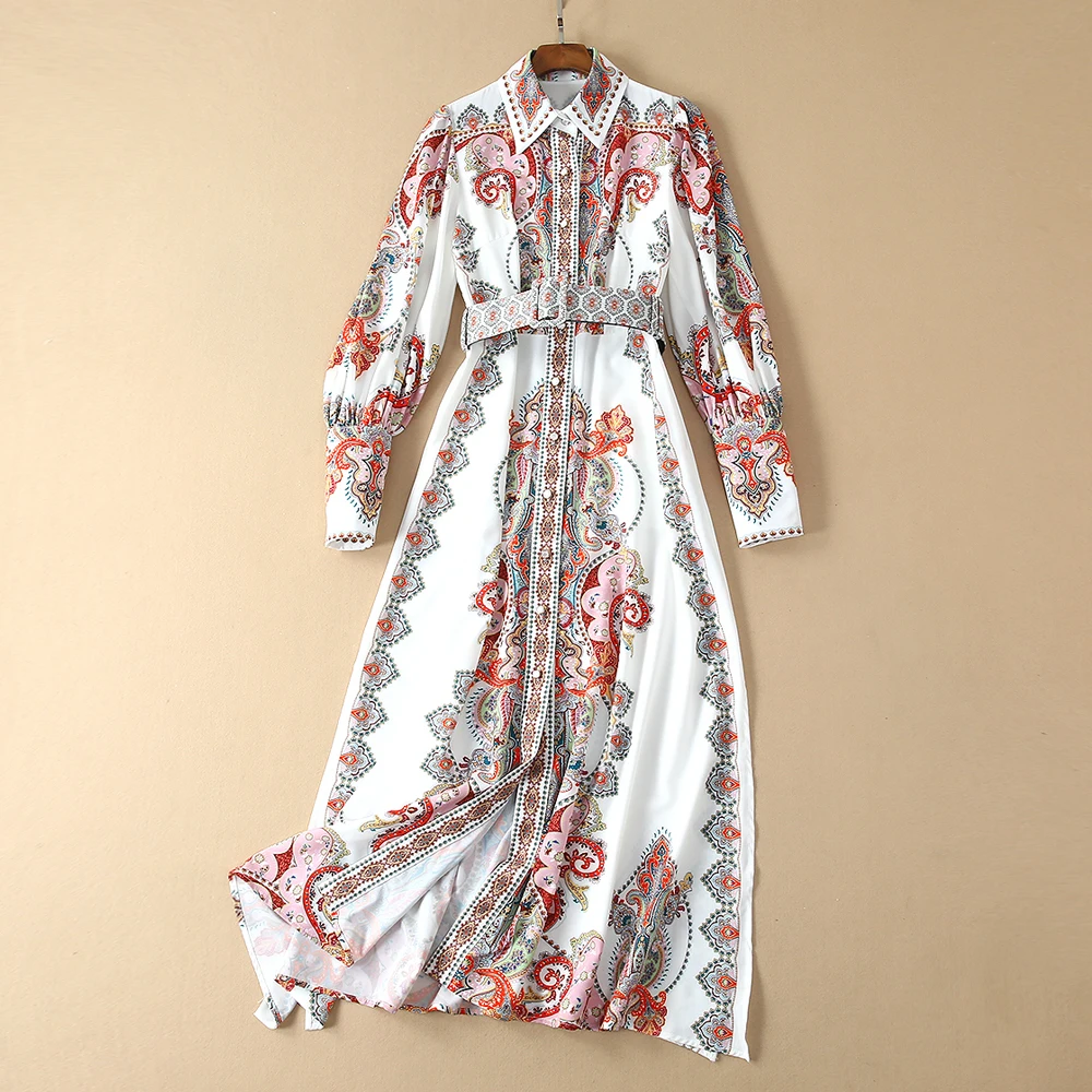 

Red RoosaRosee Fashion Designer Runway Dress Women Flower Print Sexy Slit Long Sleeve Elegant Vintage Autumn Long Maxi Dresses