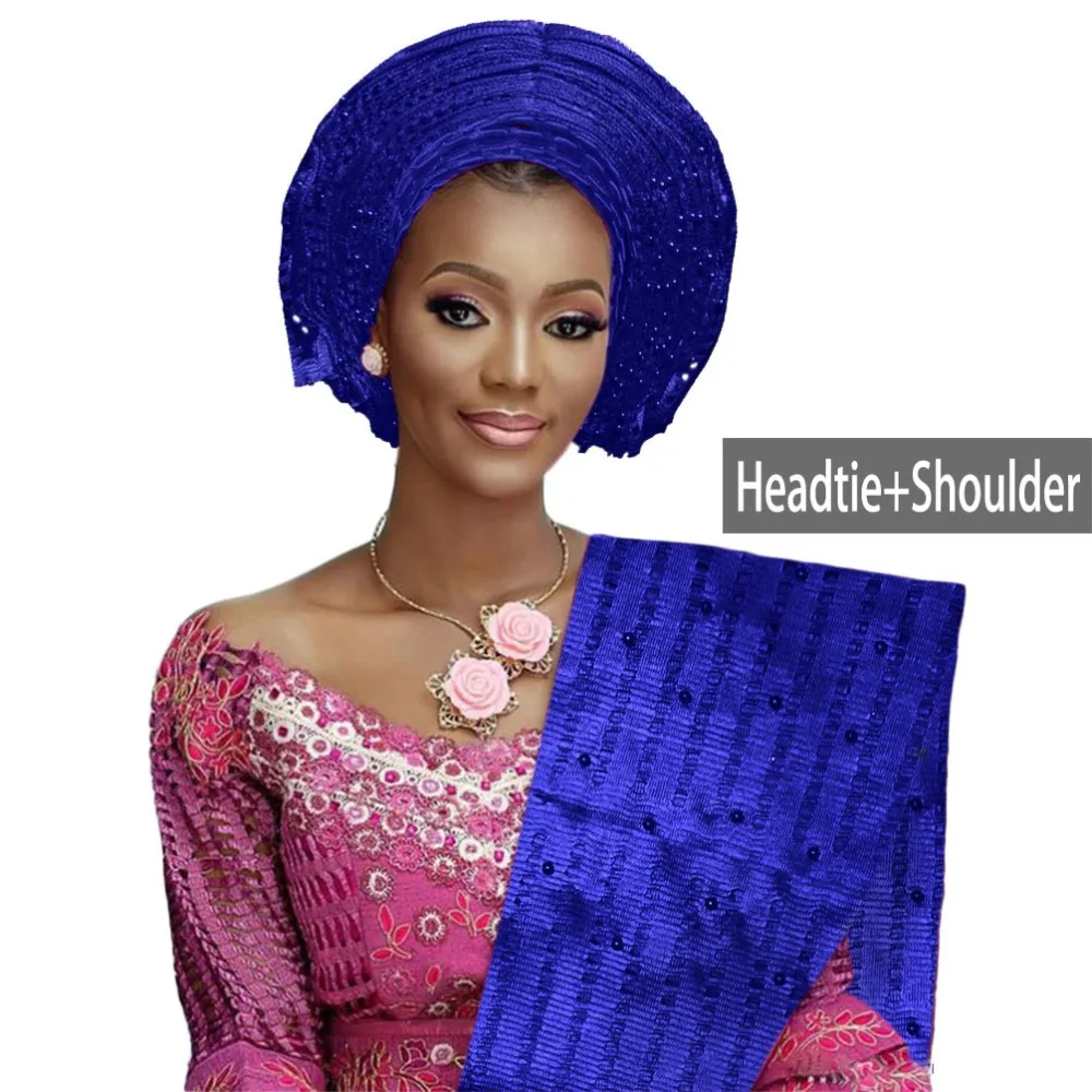 

Nice quality African aso oke gele headtie beaded headwrap Nigerian&African Wedding Party auto gele W716