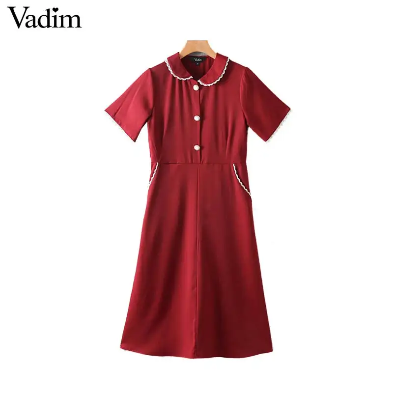 

Vadim women sweet retro solid peter pan collar midi dress short sleeve lace patchwork pleated vintage dress vestidos QB718