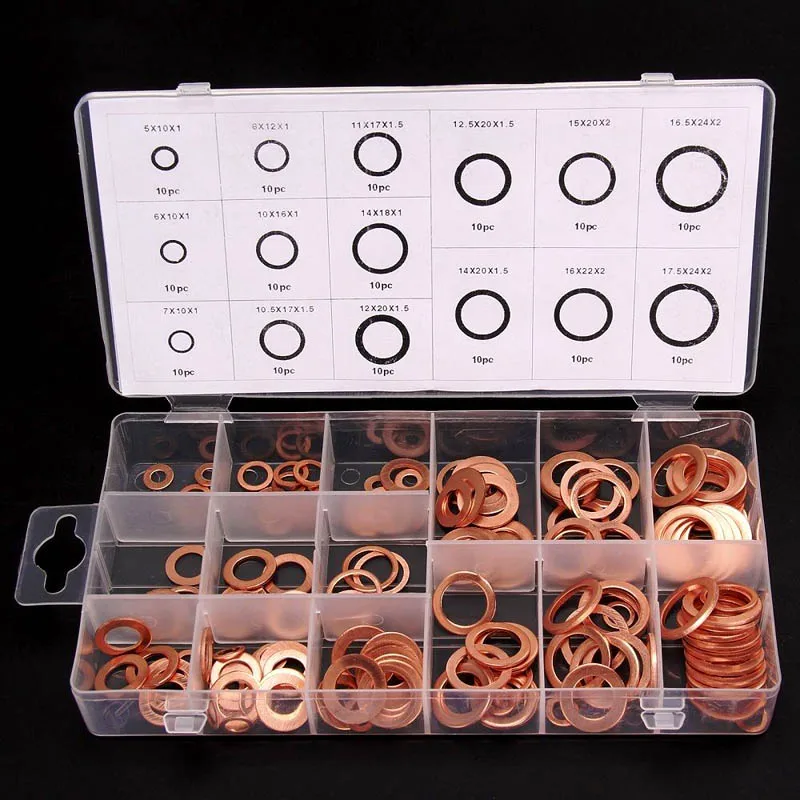 

Newest 150 Pcs/Set Copper Rings With Box Assortment Copper Sealing Ring Oil Drain @8