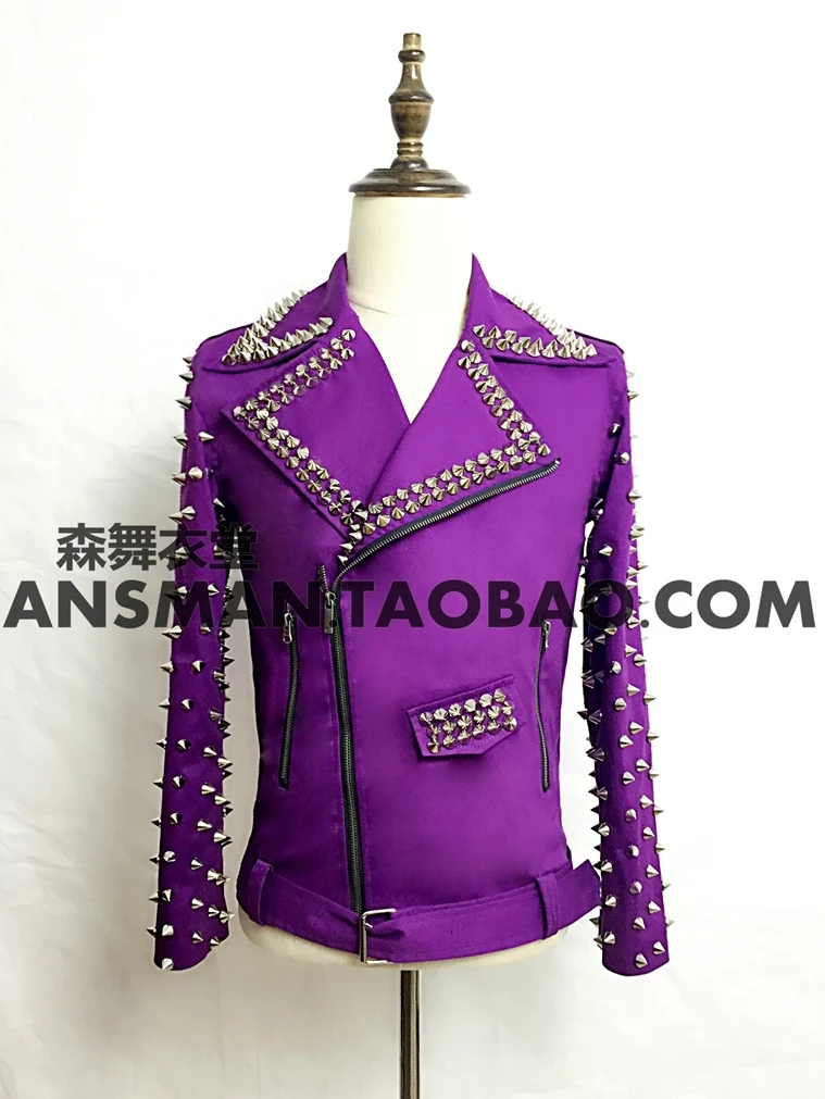 

2019 new nightclub male singer DJ stage costumes European and American hip hop personality men purple rivet motorcycle jacket