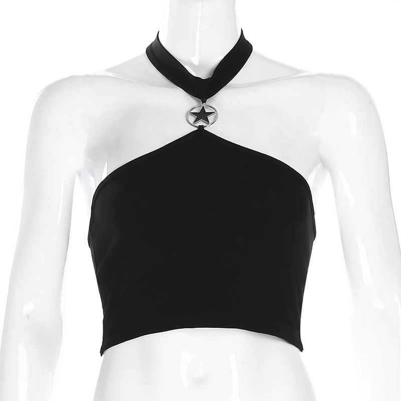 Rockmore Black Gothic Halter Women Tank Top With Star Sleeveless Vest Korea Harajuku Backless Crop Top Femme Streetwear Clubwear