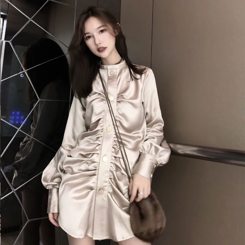 

Luxury Champagne Satin Pleated Shirts Slim Gold Buttons Faux Silk Blouses Long Lantern Sleeves Tops Blusas Mujer 2018