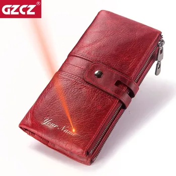 

GZCZ Leather Women Wallet Female Coin Purse Hasp Portomonee Clutch Phone Bag Long Zipper Lady Handy Card Holder Free Engraving