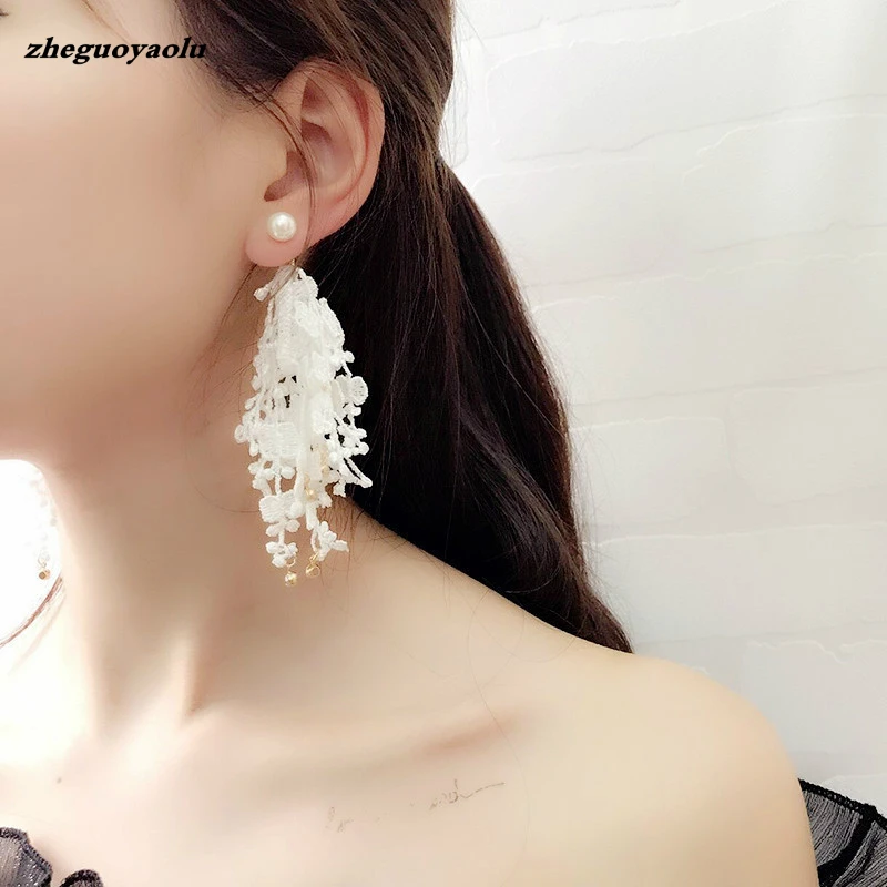 Серьги женские модные элегантные черные белые жемчужные кружевные длинные