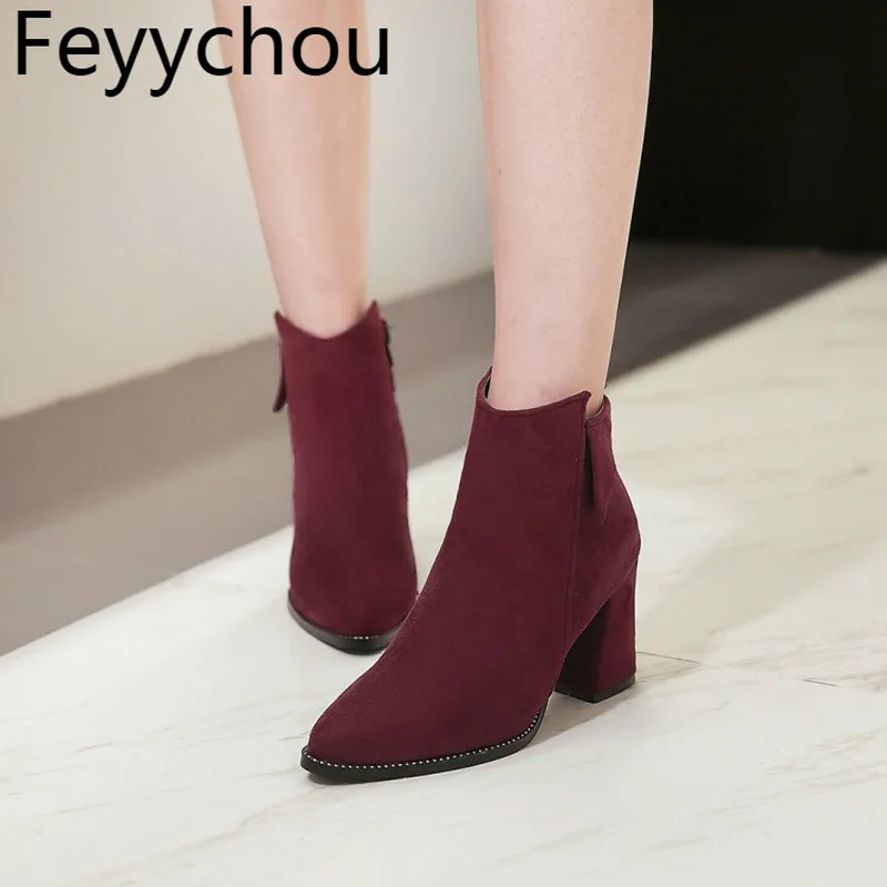 

Women's Boots Autumn Winter Warm New Thick Heel Pointed Toe Zipper Ankle Boots Stretch Fabric High Heel 2018 Fashion Beige Gray