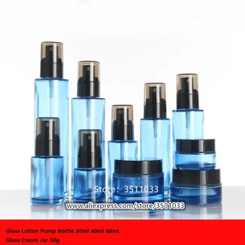 

10pcs High Quality Empty Blue Glass Refillable Lotion Pump Bottle Cosmetic Spray Bottle Glass Cream Jar Translucence Black Cap