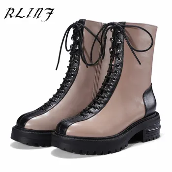 

RLINF Women's Shoes Spring and Autumn Leather Stitching Lacing Good Thick with A Single Martin Brown Women Boots