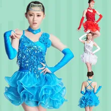 Платья для латинских танцев с блестками для девочек, с кисточками, стиль ча/Румба/Самба/бальный/Танго, танцевальная одежда, детский танцевальный костюм