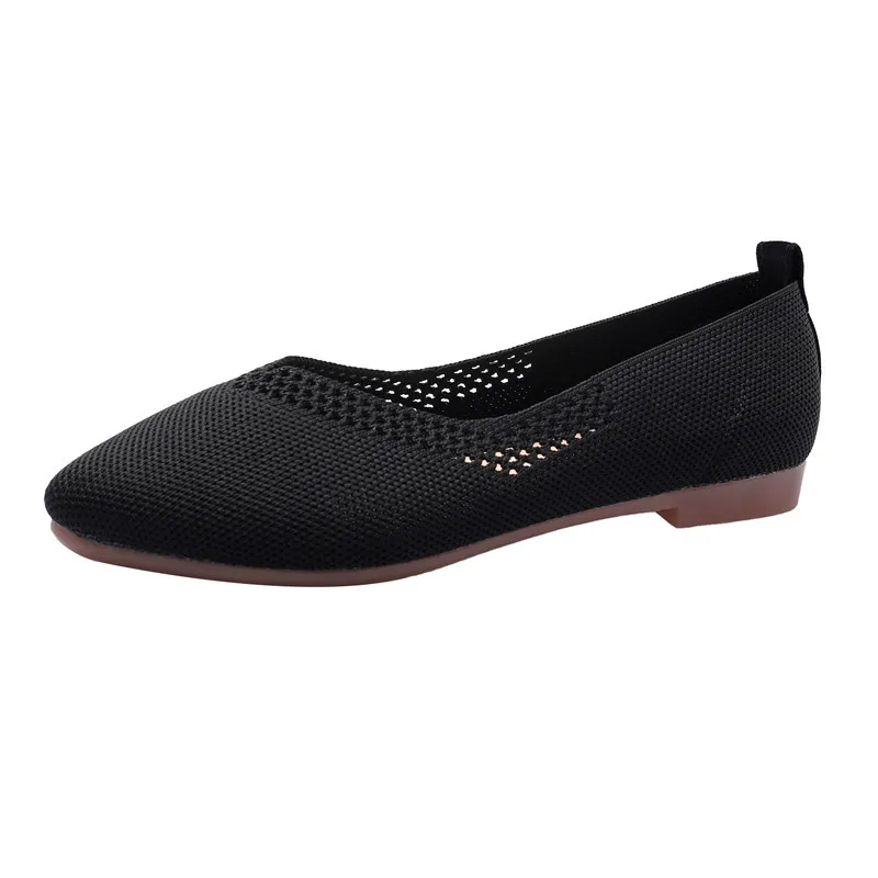 

2019 Ladies Shoes Breathable Knitted Square Heel Pointed Toe Moccasins Mixed Color Flat Loafers Stretch Weaving Slip On Shoes