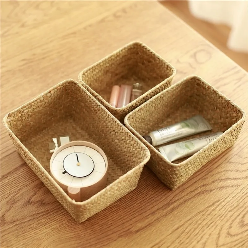  Nordic seaweed weaving storage basket straw desktop cosmetics Sundries office supplies finishing or