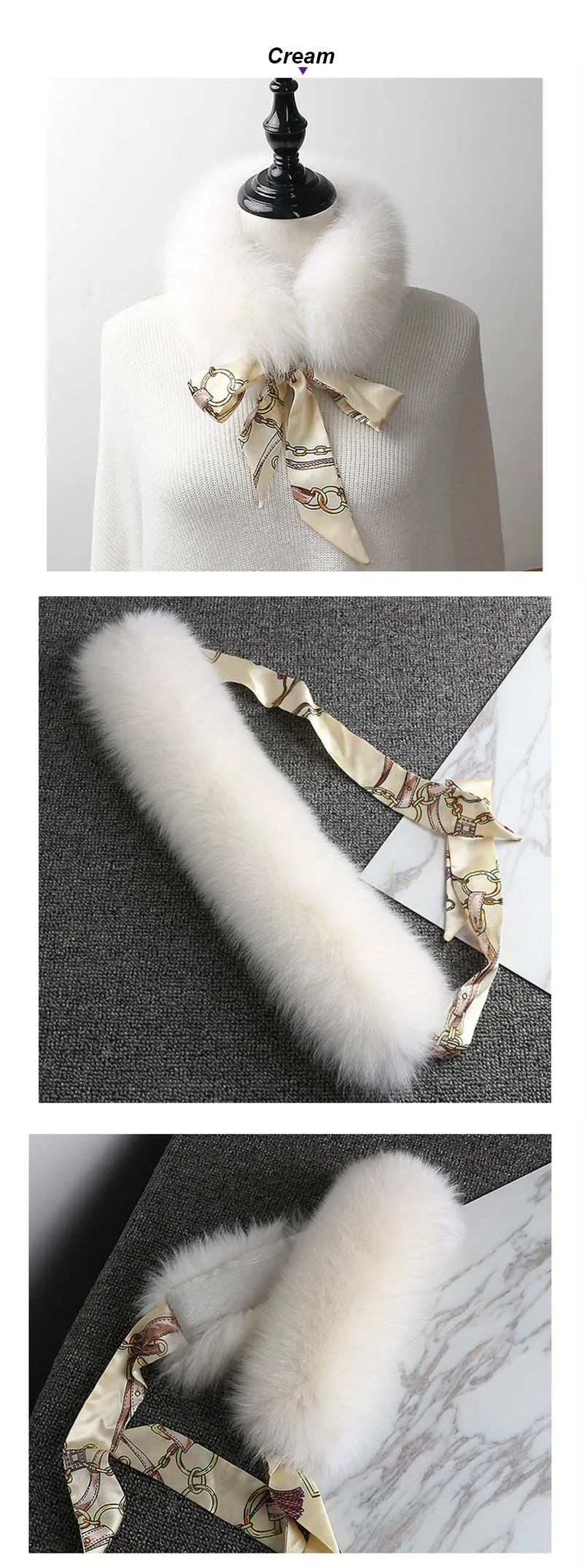fox fur scarf with ribbon cream