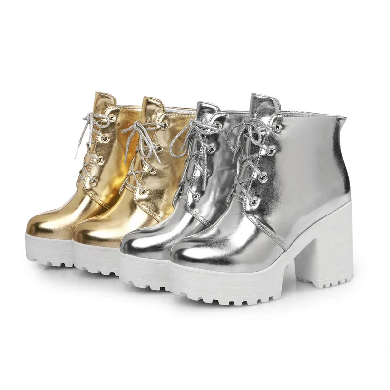 RIMOCY/Коллекция года; осенние ботильоны для женщин; Серебристая лакированная кожа; женская обувь на высоком каблуке; ботинки на платформе; большие размеры; botines mujer