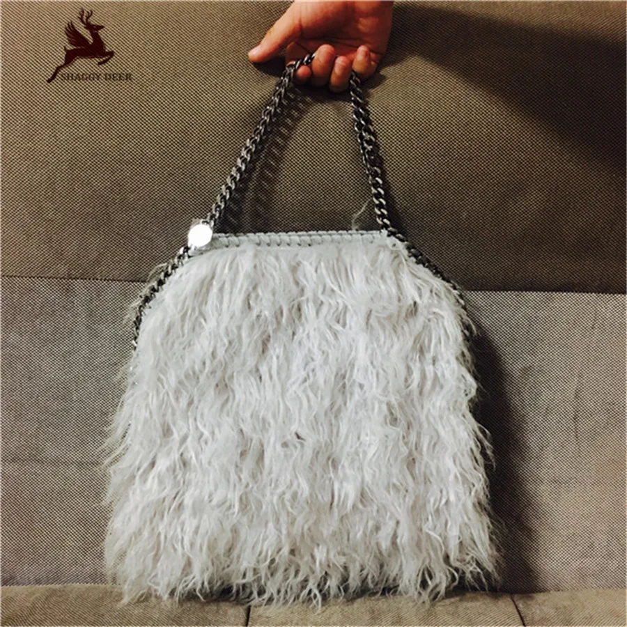 

2017 Winter Exclusive Puffer Polyester Fur 25CM Shaggy Deer Chain Crossbody Shoulder Handbags Soft Lady Winter Bag
