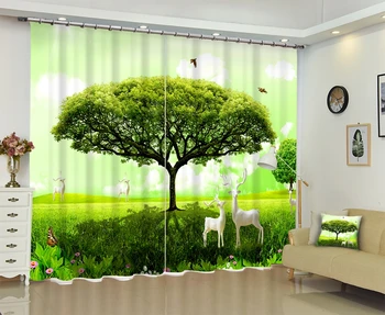 

Customized Green Tree Deer Modern Luxury 3D Blackout Window Curtain Drape For Living room Bed room Hotel Wall Tapestry Cortinas